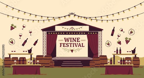 Wine Festival Stage Setup with Barrels and Bottles.