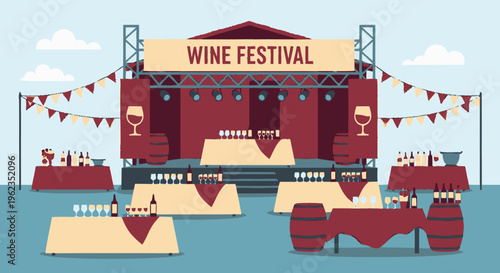 Wine Festival Stage Setup with Barrels and Banners.