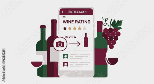 Wine rating app on smartphone with bottles and grapes.