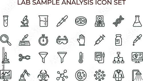 Lab sample analysis outline icon set with laboratory testing equipment microbiology experiment diagnostics symbols for science education apps dashboards interfaces presentations