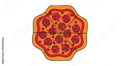 A vibrant, cartoon-style pizza illustration, cut into eight equal slices. It features red sauce, orange crust, and pepperoni toppings. The image has bold outlines