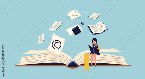 Illustration of a woman sitting on an open book with flying pages and copyright symbols, celebrating World Book and Copyright Day