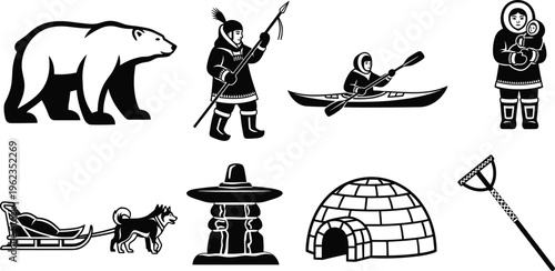 Black and White Arctic Cultural Icon Set Featuring Polar Bear Igloo Inuit Figures Kayak Dog Sled Inuksuk and Traditional Hunting Tools for Northern Heritage Design