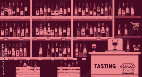 Wine tasting event setup with bottles and glasses.