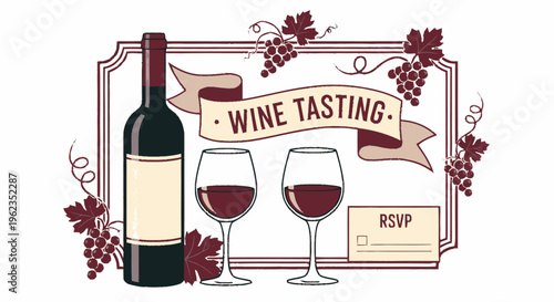 Wine Tasting Event Invitation with Bottle and Glasses.