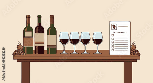 Wine Tasting Event Setup with Glasses and Bottles.