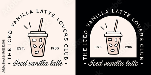 Iced vanilla latte cold foam sweet cream coffee lovers club girl shirt design bourbon syrup flavor label logo. Milk drink with ice in plastic cup to go cafe aesthetic sticker black drawing print.