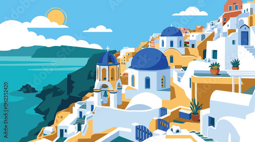 Vibrant vector illustration of a charming coastal town with white houses and blue domes overlooking the tranquil sea under a sunny sky