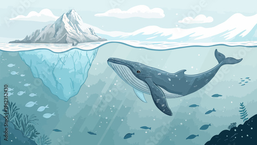 Majestic whale swimming beneath translucent ice with visible iceberg and school of fish in ocean water
