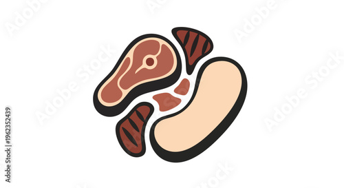 An illustration depicting various cuts of meat, including steak and other parts, against a white backdrop. The design employs a flat style