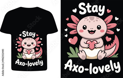 Cute axolotl graphic design presented on a black t shirt mockup