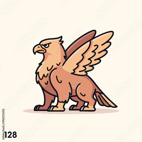 A cartoon griffin is depicted in a side view, set against a neutral cream backdrop. This mythological creature exudes power