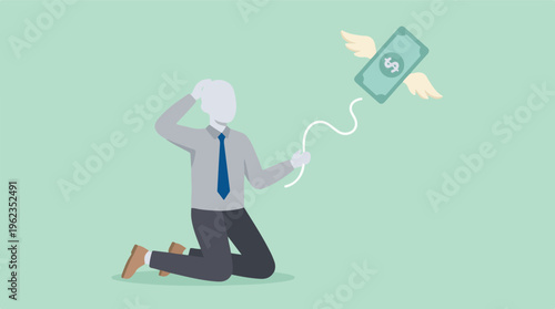 Frustrated man watches money with wings fly away, financial loss concept