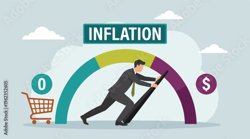 Businessman pushing inflation gauge, concept of economic control and rising prices