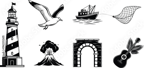 Black and white coastal icon set featuring lighthouse seagull fishing boat with net erupting volcano stone archway and acoustic guitar with tropical palm leaves