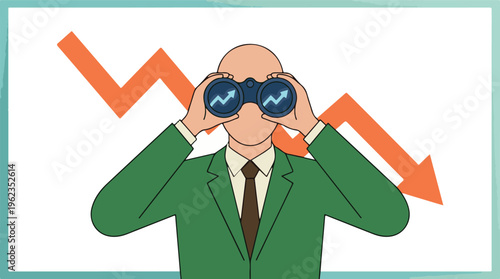 Optimistic businessman searches for upward trend during market recession