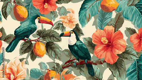 Vibrant tropical scene with two toucans perched on a lush branch surrounded by blooming hibiscus flowers and green leaves in a sunny exotic forest.