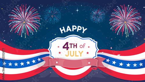 Dynamic vector illustration celebrating American Independence Day with vibrant fireworks, patriotic banners, and festive stars against a dark night sky, conveying joy and national pride