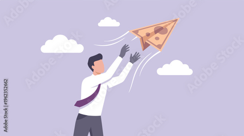 Businessman aiming for financial growth with money paper plane in the sky