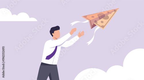 Businessman launching money paper airplane, financial investment concept.
