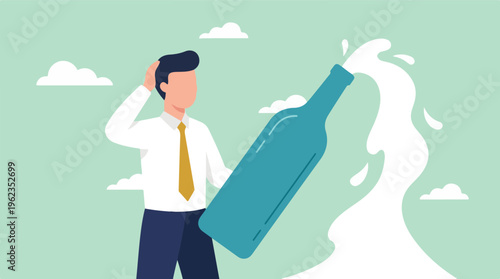Businessman looking stressed as liquid pours from a large bottle