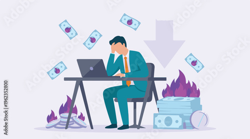 Businessman under severe financial stress with burning and falling money