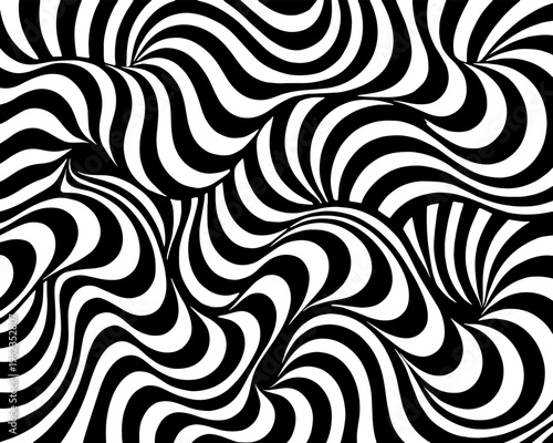 Hypnotic black and white optical illusion with swirling wavy lines creating a dynamic abstract pattern.