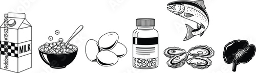 Black and white healthy food icons set featuring milk carton cereal bowl eggs supplement bottle salmon fish oysters and walnut for nutrition and wellness