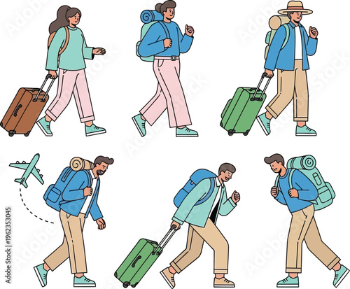 A colorful illustration depicts people traveling with luggage including backpacks and rolling suitcases representing a journey or vacation theme high quality