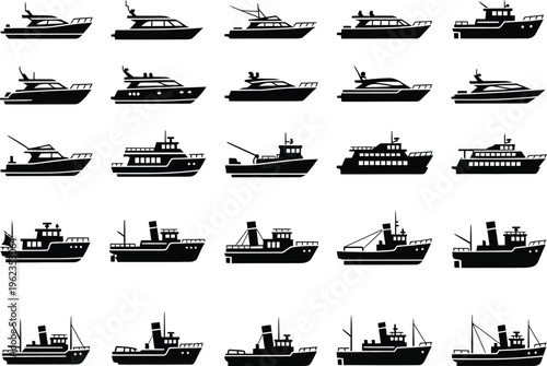 a collection of various silhouetted watercraft including yachts cargo ships and smaller vessels displayed in a neat arrangement high quality professional
