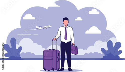 a stylish man with a purple suitcase stands confidently anticipating travel with an airplane soaring in the pale blue sky