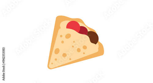 A flat illustration of a folded, triangular food item. The base is light tan with various sized brown circles. The inside shows three circular toppings