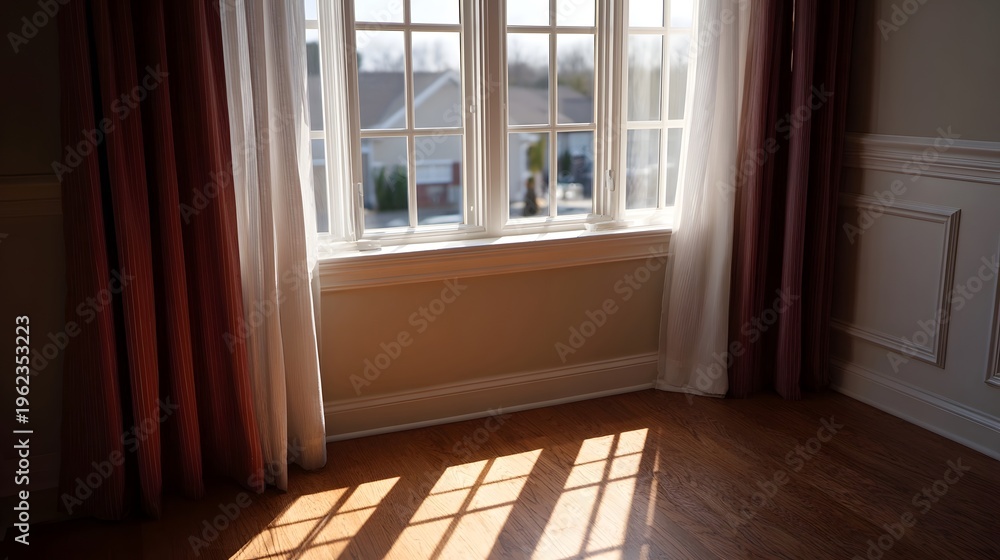 Fototapeta premium Sunlight streams through a multi pane window casting geometric shadows on a polished wooden floor in an empty room