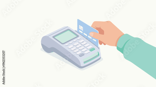 Isometric illustration of hand paying with credit card at POS terminal
