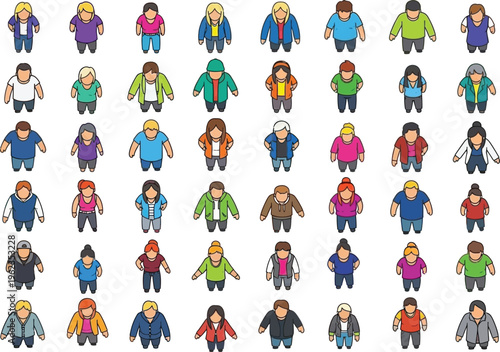 A colorful collection of diverse cartoon people icons displayed in a grid arrangement showcasing different outfits and hairstyles for design projects