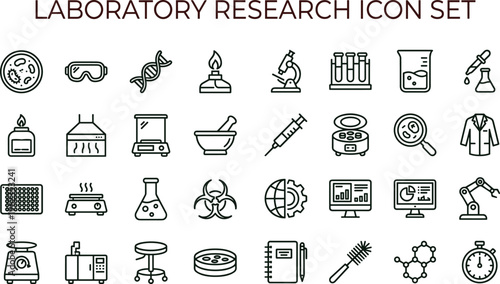 Laboratory research outline icon set with science experiment equipment chemistry biology diagnostics symbols for education apps presentations dashboards interfaces websites