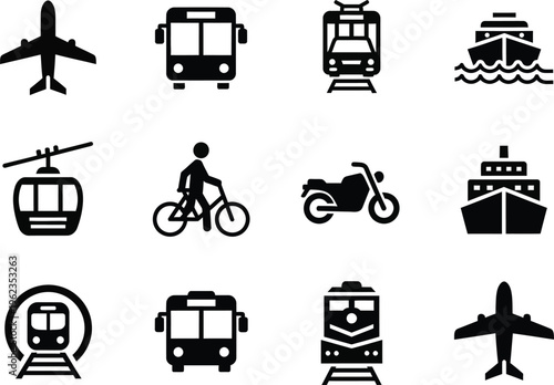 a collection of various black silhouette transportation icons depicting planes buses trains boats bicycles and motorcycles high quality professional detailed modern