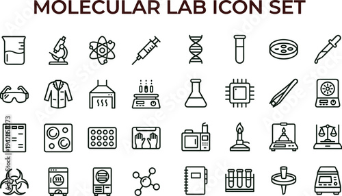 Molecular laboratory outline icon set with chemistry biology research equipment diagnostics symbols for science education apps presentations dashboards interfaces websites