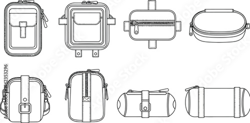 a collection of technical drawings depicting various styles of small bags and pouches showcasing different shapes and features high quality professional