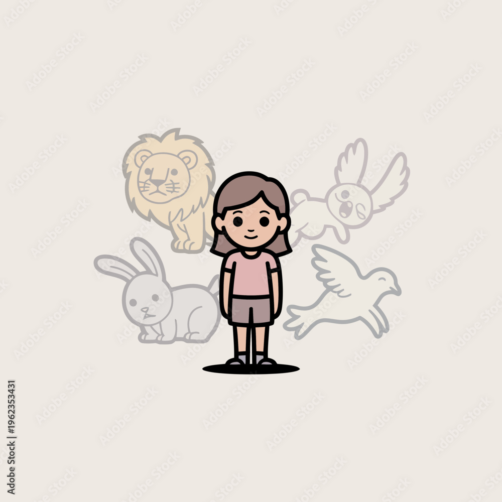 Fototapeta premium Little Girl Standing with Lion Rabbit and Birds