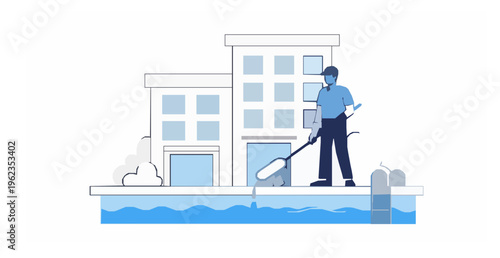 Swimming pool maintenance worker cleaning pool with house hotel background vector illustration