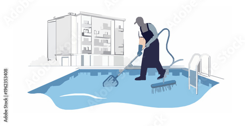 Swimming pool maintenance worker cleaning pool with house hotel background vector illustration