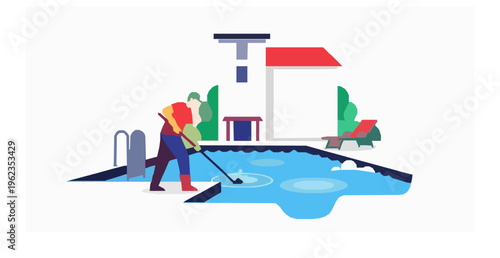 Swimming pool maintenance worker cleaning pool with house hotel background vector illustration