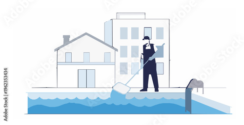 Swimming pool maintenance worker cleaning pool with house hotel background vector illustration