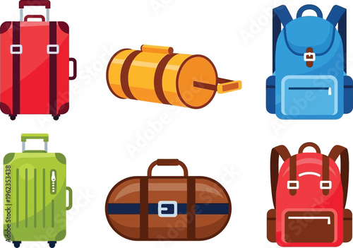 a colorful assortment of travel luggage including suitcases backpacks and duffel bags is displayed against a white background high quality professional