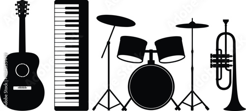 Black silhouette illustration of five musical instruments including guitar, keyboard, drums, and trumpet, symbolizing band performance, music diversity, sound creation, and artistic expression.