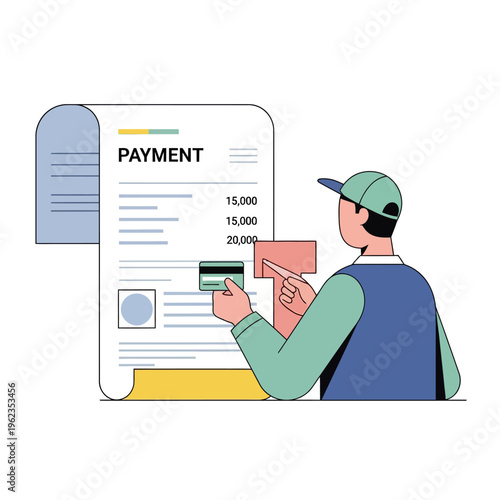 Man making payment with credit card and large bill.