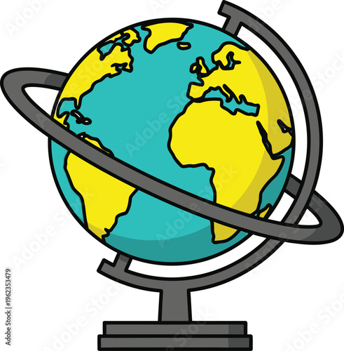 a simple cartoon illustration depicts a classic world globe on a stand showing both landmasses and oceans in vibrant contrasting colors