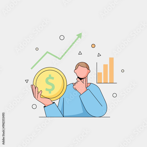 Man holding coin with upward arrow and bar graph.