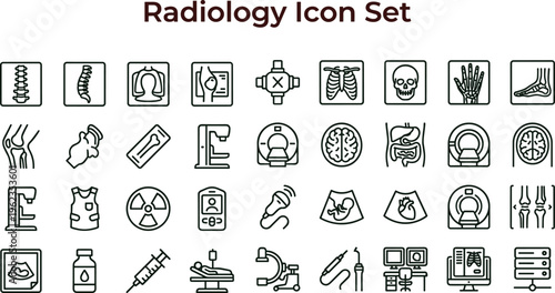 Radiology outline icon set with medical imaging anatomy diagnostic scan equipment symbols for healthcare apps dashboards interfaces presentations education materials